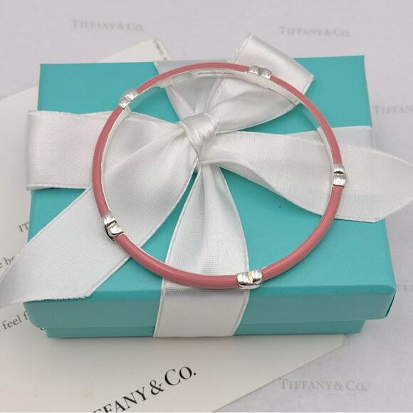 Tiffany & Co. Pink Enamel Signature X Bangle Bracelet Sterling Silver Gift Box - Picture 8 of 13